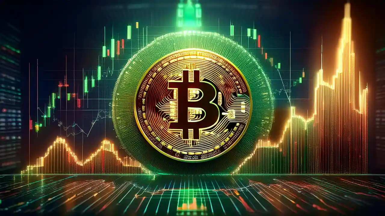 Bitcoin symbol with a rising stock chart in the background.