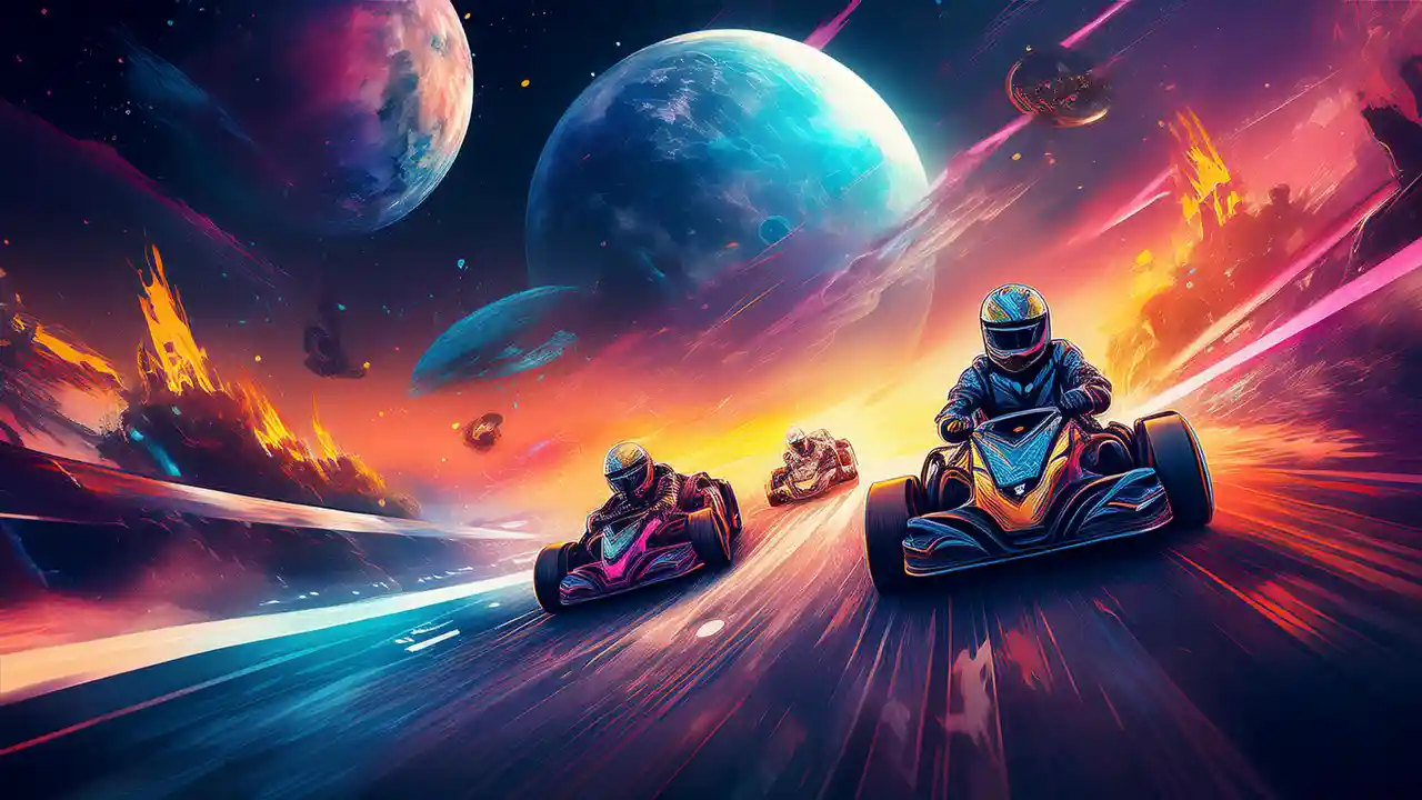 Characters racing in colorful karts with a vibrant cosmic background in the Cosmic Royale game.